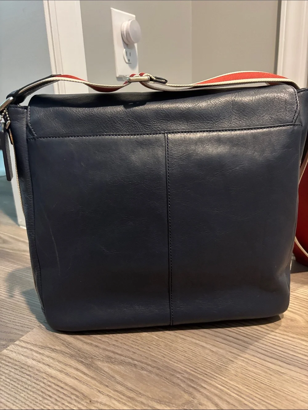 Coach Navy Leather Messenger Bag with Red and White Stripe Strap